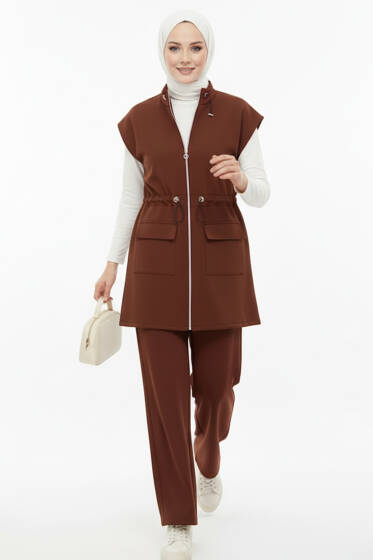 Yelekli Bel Lastik Detaylı İkili Takım Kahve - İkili Takım
