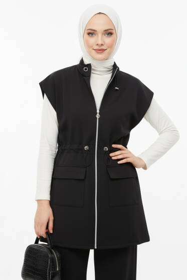 Yelekli Bel Lastik Detaylı İkili Takım Siyah - İkili Takım