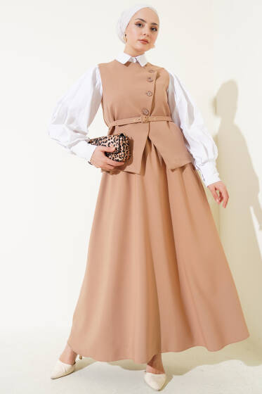 Yelekli Çapraz Düğmeli Etekli Takım Bisküvi - İkili Takım