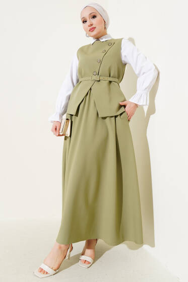 Yelekli Çapraz Düğmeli Etekli Takım Çağla Yeşili - İkili Takım