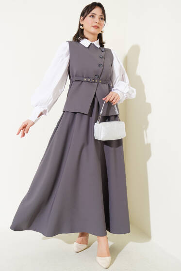 Yelekli Çapraz Düğmeli Etekli Takım Füme - İkili Takım