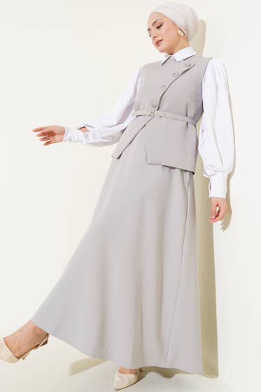 Yelekli Çapraz Düğmeli Etekli Takım Gri - İkili Takım