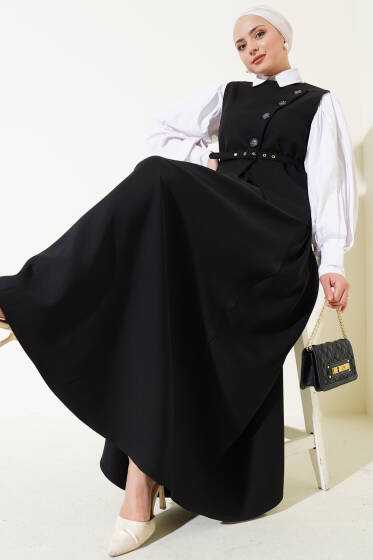 Yelekli Çapraz Düğmeli Etekli Takım Siyah - İkili Takım