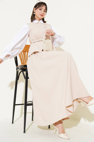 Yelekli Çapraz Düğmeli Etekli Takım Taş - İkili Takım