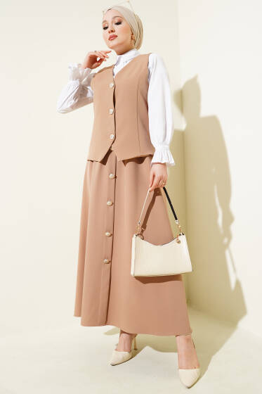 Yelekli Düğme Detaylı Etekli Takım Camel - İkili Takım