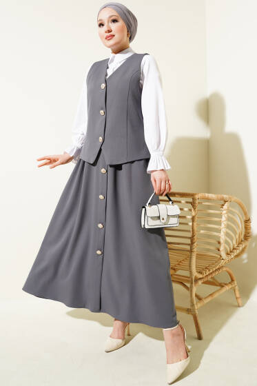 Yelekli Düğme Detaylı Etekli Takım Füme - İkili Takım