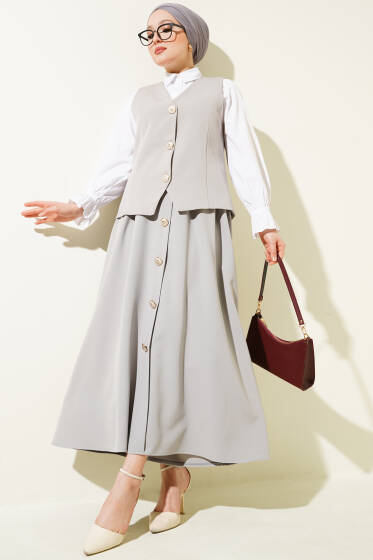 Yelekli Düğme Detaylı Etekli Takım Gri - İkili Takım