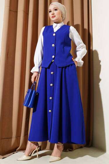 Yelekli Düğme Detaylı Etekli Takım Saks - İkili Takım