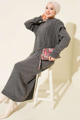 Yelekli Elbiseli Triko İkili Takım Füme - İkili Takım