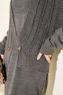 Yelekli Elbiseli Triko İkili Takım Füme - İkili Takım