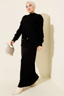 Yelekli Elbiseli Triko İkili Takım Siyah - HBS