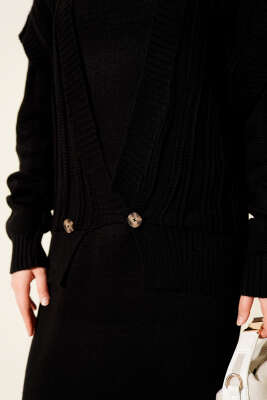 Yelekli Elbiseli Triko İkili Takım Siyah - İkili Takım