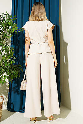 Yelekli İp Kuşaklı İkili Takım Bej - Kadın Giyim Modelleri
