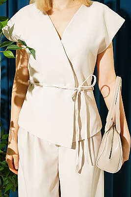 Yelekli İp Kuşaklı İkili Takım Bej - Kadın Giyim Modelleri