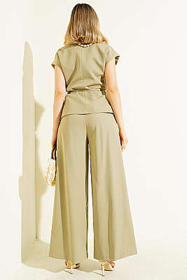 Yelekli İp Kuşaklı İkili Takım Haki - Kadın Giyim Modelleri