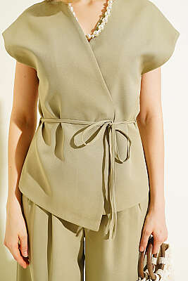 Yelekli İp Kuşaklı İkili Takım Haki - Kadın Giyim Modelleri