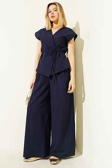 Yelekli İp Kuşaklı İkili Takım Lacivert - Kadın Giyim Modelleri