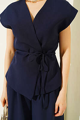 Yelekli İp Kuşaklı İkili Takım Lacivert - Kadın Giyim Modelleri