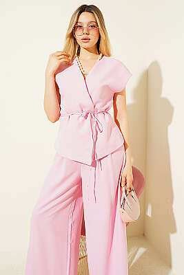 Yelekli İp Kuşaklı İkili Takım Pembe - Kadın Giyim Modelleri