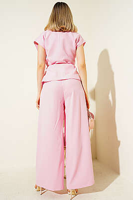 Yelekli İp Kuşaklı İkili Takım Pembe - Kadın Giyim Modelleri