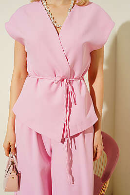 Yelekli İp Kuşaklı İkili Takım Pembe - Kadın Giyim Modelleri