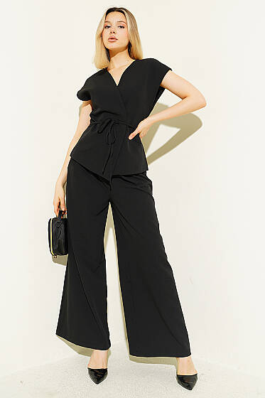 Yelekli İp Kuşaklı İkili Takım Siyah - Kadın Giyim Modelleri