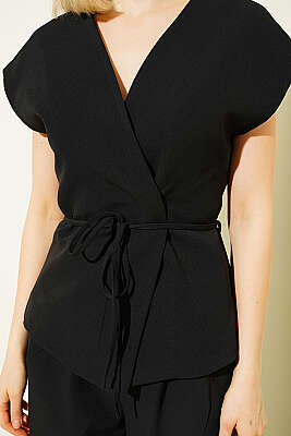 Yelekli İp Kuşaklı İkili Takım Siyah - Kadın Giyim Modelleri