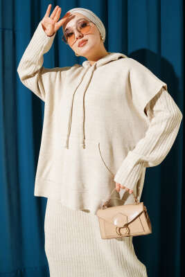 Yelekli Jile Elbise Triko İkili Takım Bej - İkili Takım