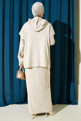 Yelekli Jile Elbise Triko İkili Takım Bej - İkili Takım