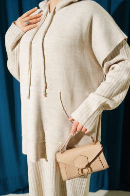 Yelekli Jile Elbise Triko İkili Takım Bej - İkili Takım