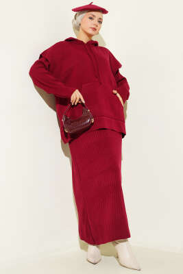 Yelekli Jile Elbise Triko İkili Takım Bordo 