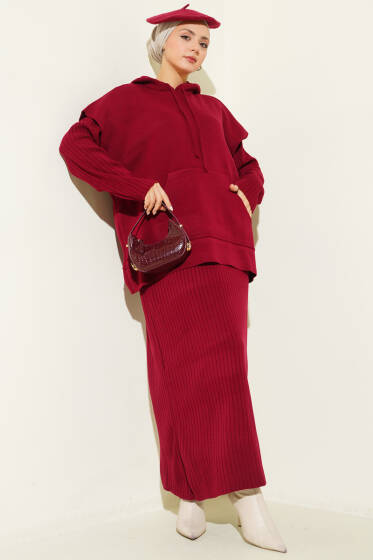 Yelekli Jile Elbise Triko İkili Takım Bordo - Günün Seçilenleri
