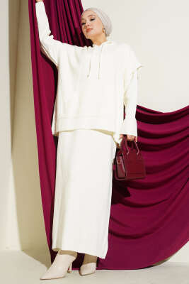 Yelekli Jile Elbise Triko İkili Takım Ekru - RAFİMİX