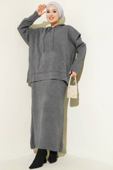 Yelekli Jile Elbise Triko İkili Takım Füme - İkili Takım