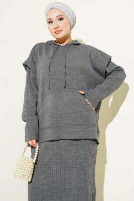 Yelekli Jile Elbise Triko İkili Takım Füme - İkili Takım