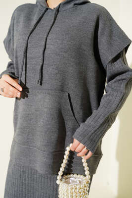 Yelekli Jile Elbise Triko İkili Takım Füme - İkili Takım