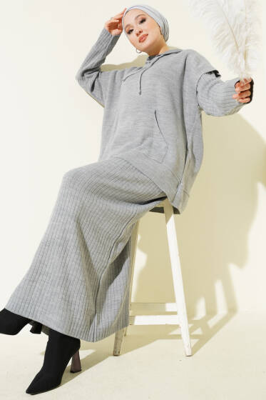 Yelekli Jile Elbise Triko İkili Takım Gri - İkili Takım