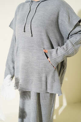 Yelekli Jile Elbise Triko İkili Takım Gri - İkili Takım