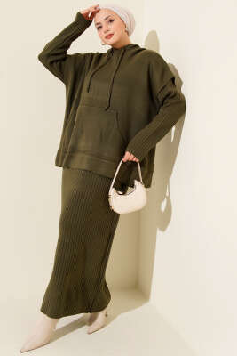 Yelekli Jile Elbise Triko İkili Takım Haki 