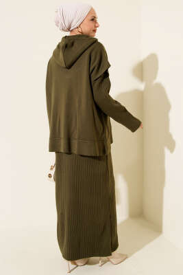 Yelekli Jile Elbise Triko İkili Takım Haki - İkili Takım