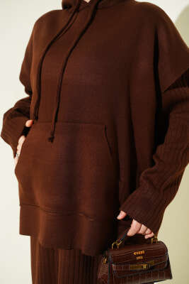 Yelekli Jile Elbise Triko İkili Takım Kahve - İkili Takım