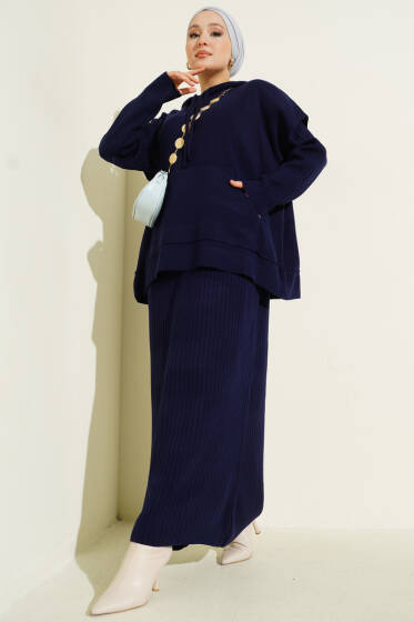 Yelekli Jile Elbise Triko İkili Takım Lacivert - İkili Takım