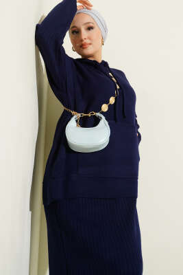 Yelekli Jile Elbise Triko İkili Takım Lacivert - İkili Takım