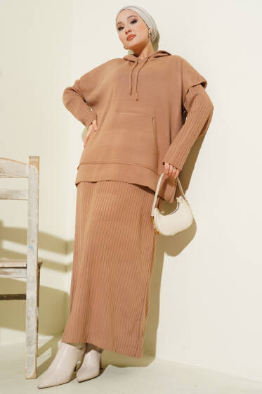 Yelekli Jile Elbise Triko İkili Takım Latte - İkili Takım