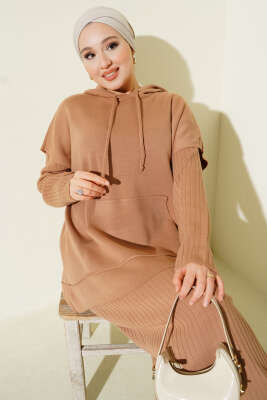 Yelekli Jile Elbise Triko İkili Takım Latte - İkili Takım