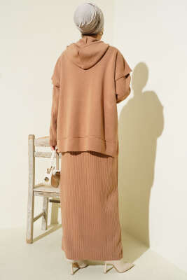 Yelekli Jile Elbise Triko İkili Takım Latte - İkili Takım