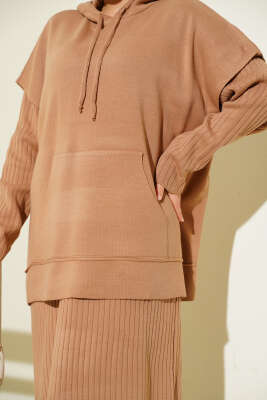 Yelekli Jile Elbise Triko İkili Takım Latte - İkili Takım