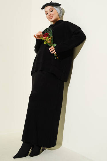 Yelekli Jile Elbise Triko İkili Takım Siyah - İkili Takım