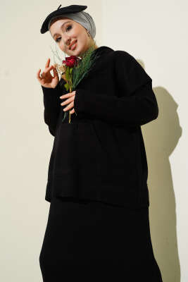 Yelekli Jile Elbise Triko İkili Takım Siyah - İkili Takım