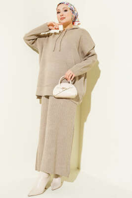 Yelekli Jile Elbise Triko İkili Takım Vizon - İkili Takım